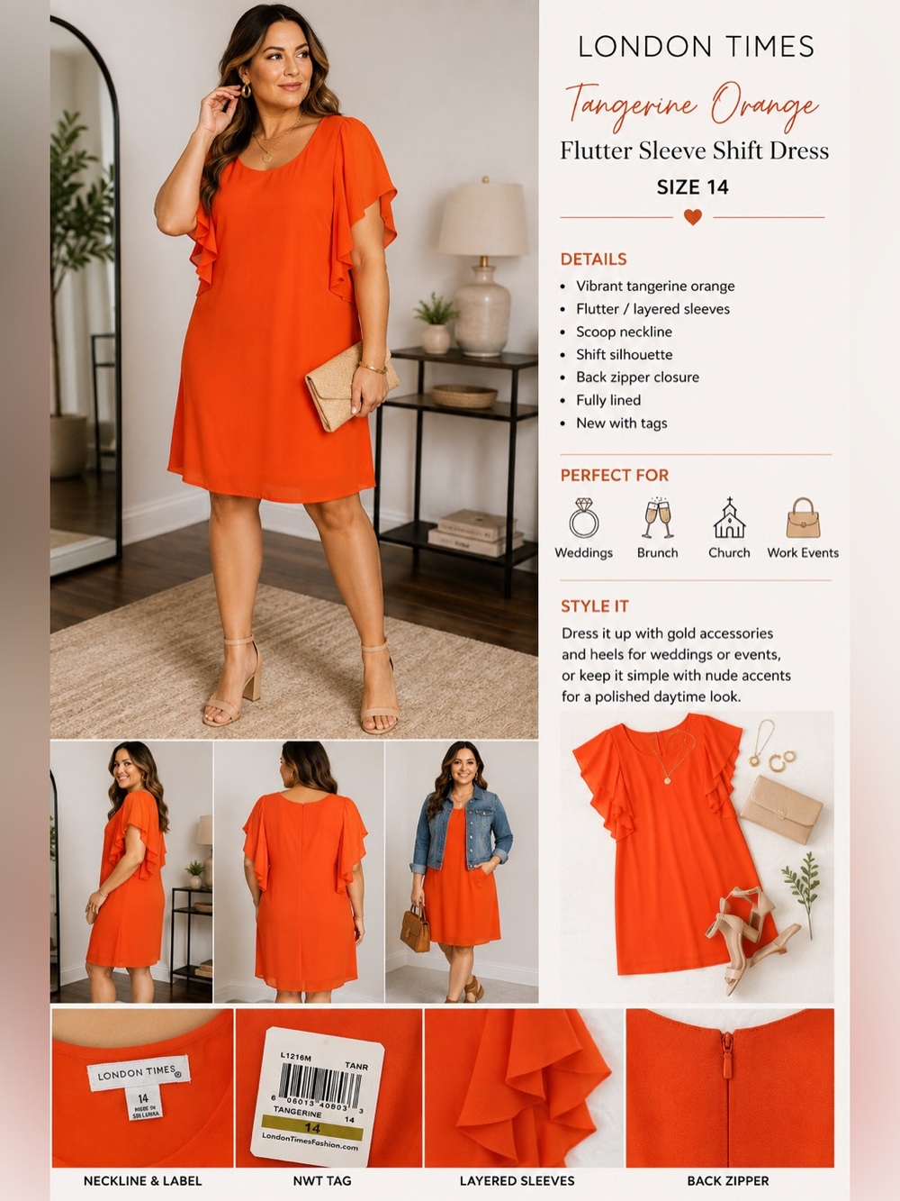 London Times Tangerine Orange Flutter Sleeve Shift Dress Size 14 NWT